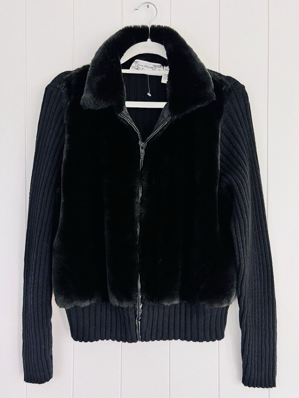 Tiara International Black Ribbed Jersey Knit & Vegan Fur Stretchy Zip Jacket XL - Picture 1 of 7